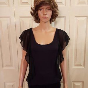 MOD'LAND PARIS BLACK CHIFFON OVERLAY SLEEVES SCOOP NECK BLOUSE SIZE M NWOT
